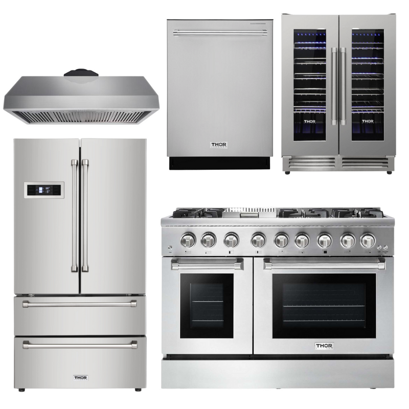 Thor Kitchen Appliance Package - 48 inch Dual Fuel Range, Range Hood, Refrigerator, Dishwasher, Wine Cooler, AP-HRD4803U-4