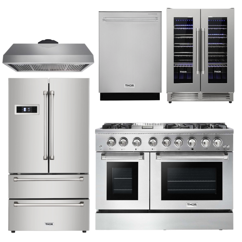 Thor Kitchen Appliance Package - 48 inch Dual Fuel Range, Range Hood, Refrigerator, Dishwasher, Wine Cooler, AP-HRD4803ULP-4