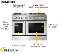 Thor Kitchen Appliance Package - 48 in. Gas Burner, Electric Oven Range and Range Hood, AP-HRD4803U-W