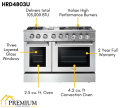 Thor Kitchen Appliance Set - 48 In. Dual Fuel Range, Range Hood, Refrigerator with Water and Ice Dispenser, Dishwasher, Microwave Drawer, Wine Cooler, AS-HRD4803U-14