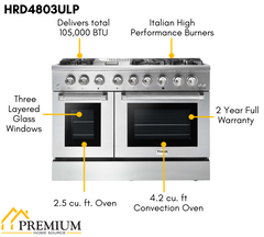 Thor Kitchen Package - 48 In. Propane Gas Burner and Electric Oven Range, Range Hood, Refrigerator, Dishwasher, Microwave Drawer, Wine Cooler, AP-HRD4803ULP-8