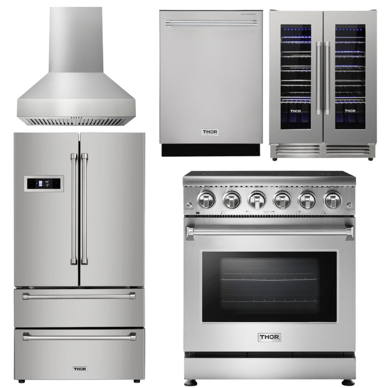 Thor Kitchen Appliance Package - 30 In. Electric Range, Range Hood, Refrigerator, Dishwasher, Wine Cooler, AP-HRE3001-W-3