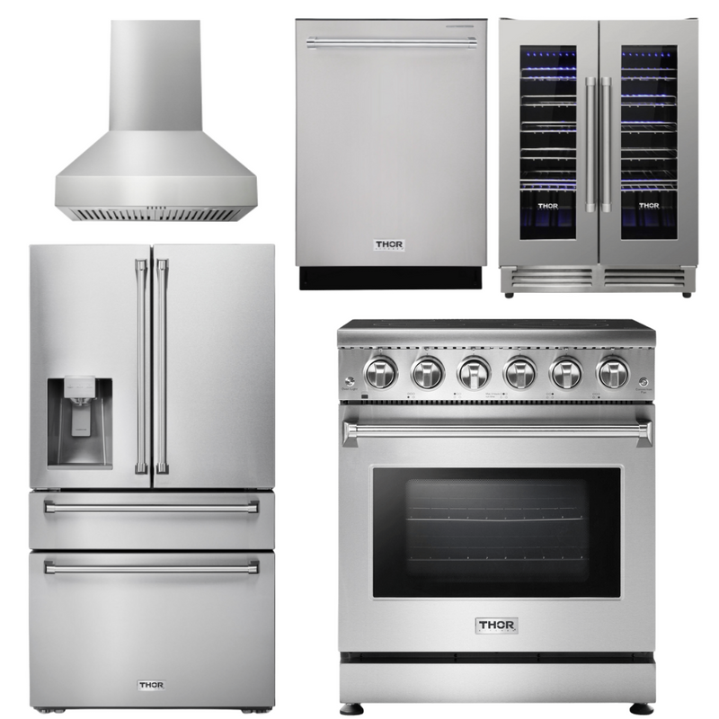 Thor Kitchen Appliance Package - 30 In. Electric Range, Range Hood, Refrigerator with Water and Ice Dispenser, Dishwasher, Wine Cooler, AP-HRE3001-W-8