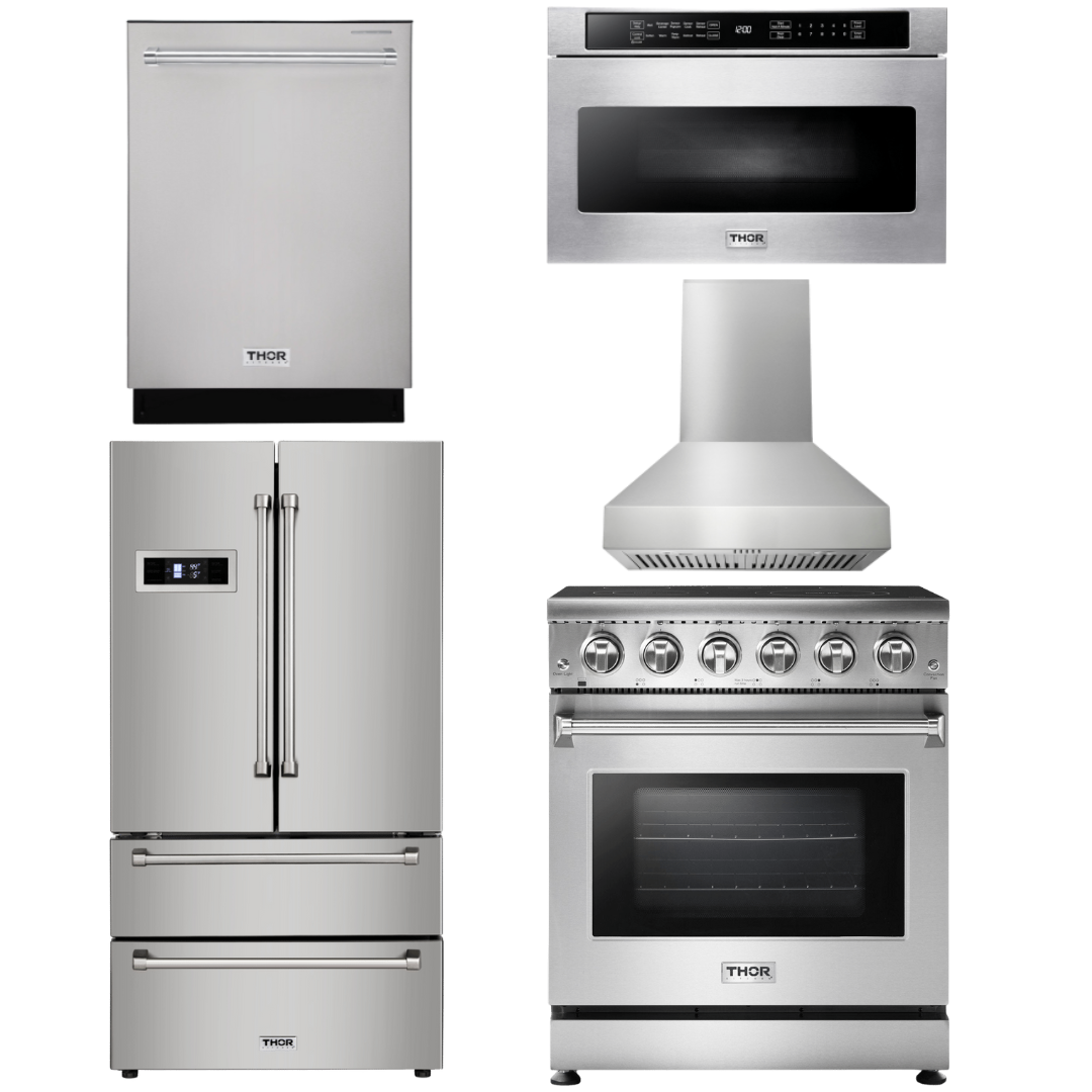 Thor Kitchen Appliance Package - 30 In. Electric Range, Range Hood, Microwave Drawer, Counter-Depth Refrigerator, Dishwasher, AP-HRE3001-W-5