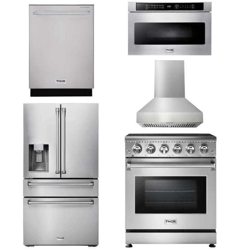 Thor Kitchen Appliance Package - 30 In. Electric Range, Range Hood, Microwave Drawer, Refrigerator with Water and Ice Dispenser, Dishwasher, AP-HRE3001-W-9