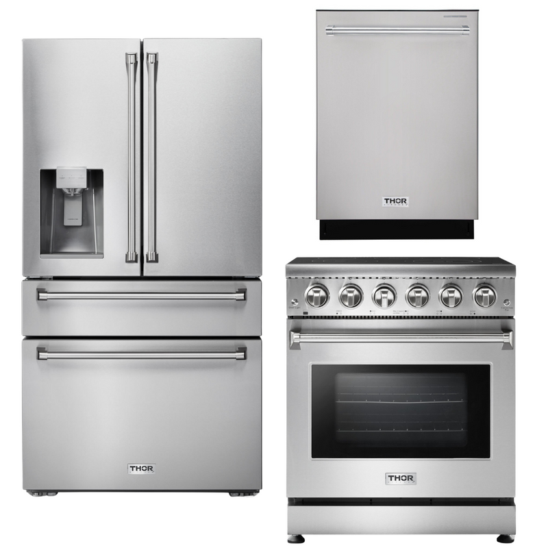 Thor Kitchen Appliance Package - 30 In. Electric Range, Refrigerator with Water and Ice Maker, Dishwasher, AP-HRE3001-9