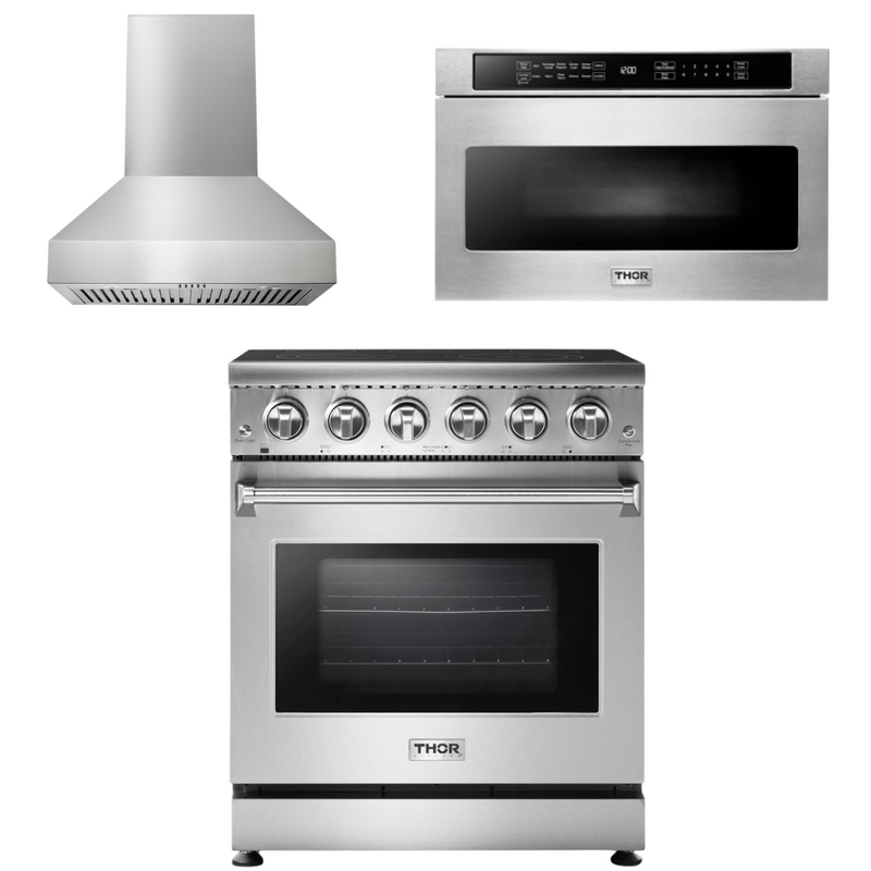 Thor Kitchen Appliance Package - 30 Inch Electric Range, Range Hood, Microwave Drawer, AP-HRE3001-W-4