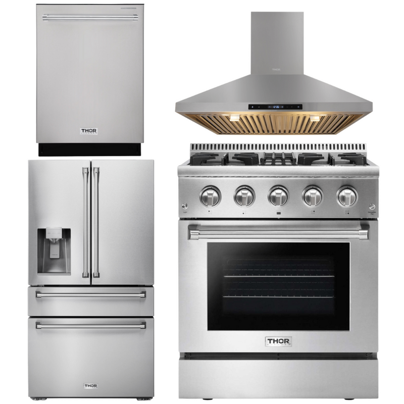 Thor Kitchen Appliance Package - 30 In. Gas Burner/Electric Oven Range, Range Hood, Refrigerator with Water and Ice Dispenser, Dishwasher, AP-HRD3088U-10