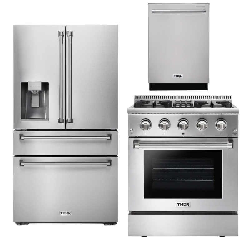 Thor Kitchen Appliance Package - 30 In. Gas Burner/Electric Oven Range, Refrigerator with Water and Ice Dispenser, Dishwasher, AP-HRD3088U-9