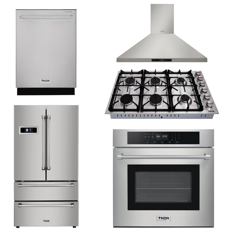 Thor Kitchen Appliance Bundle - 30 in. Wall Oven, 36 In. Cooktop, Range Hood, Refrigerator, Dishwasher, AB-HEW3001-DC-36-2