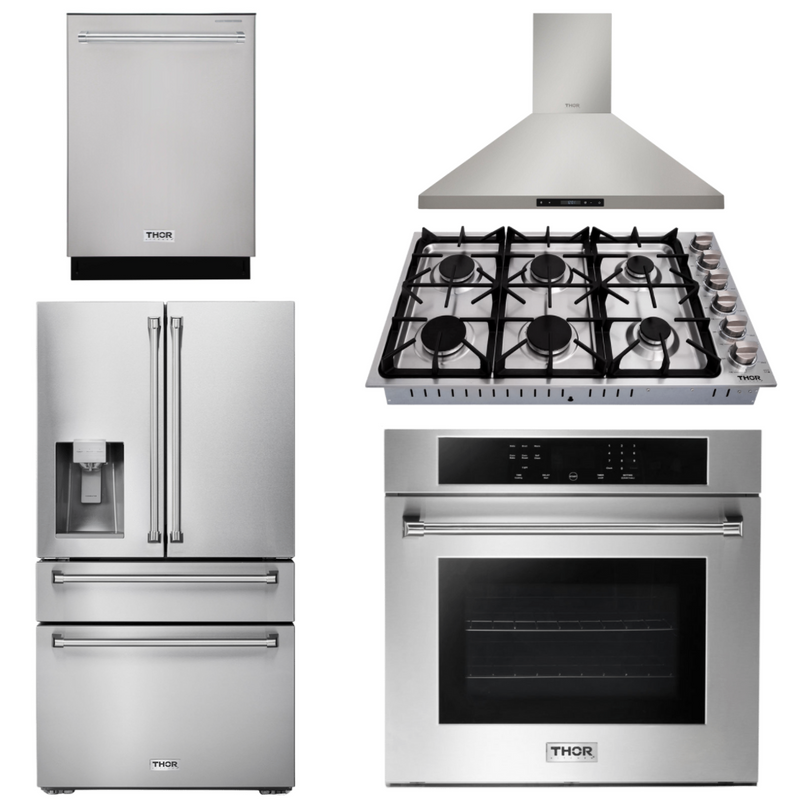 Thor Kitchen Appliance Package - 30 in. Wall Oven, 36 In. Cooktop, Range Hood, Refrigerator with Water and Ice Dispenser, Dishwasher, AP-HEW3001-DC-36-3