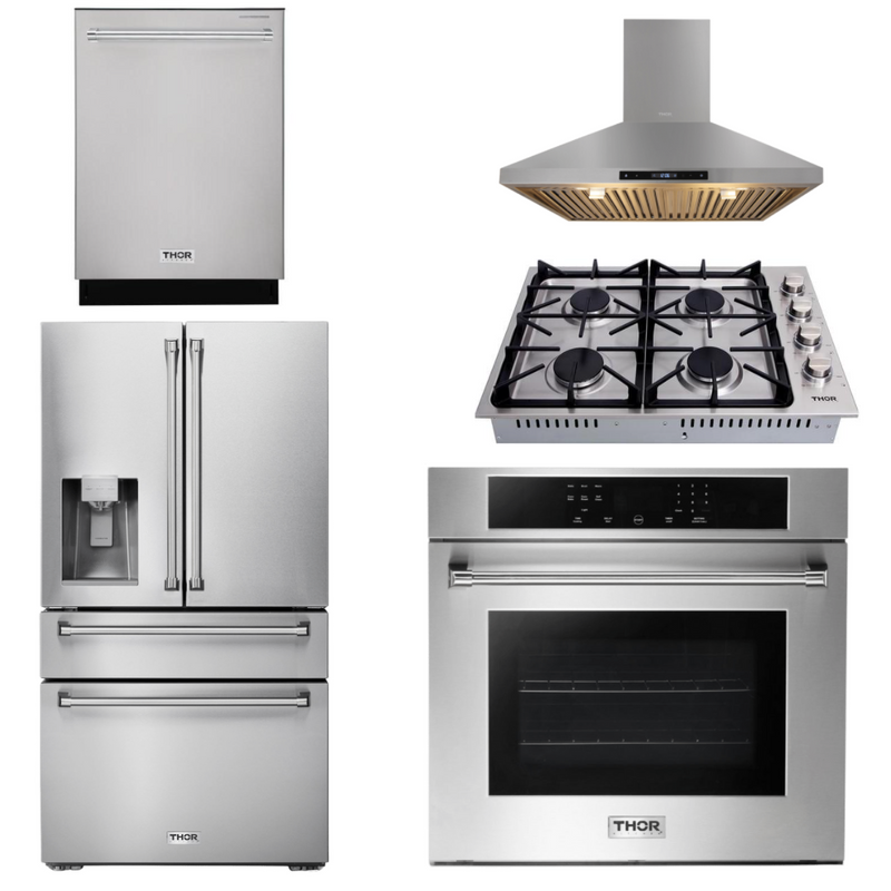 Thor Kitchen Appliance Package - 30 in. Wall Oven, Cooktop, Range Hood, Refrigerator with Water and Ice Dispenser, Dishwasher, AP-HEW3001-DC-30-3