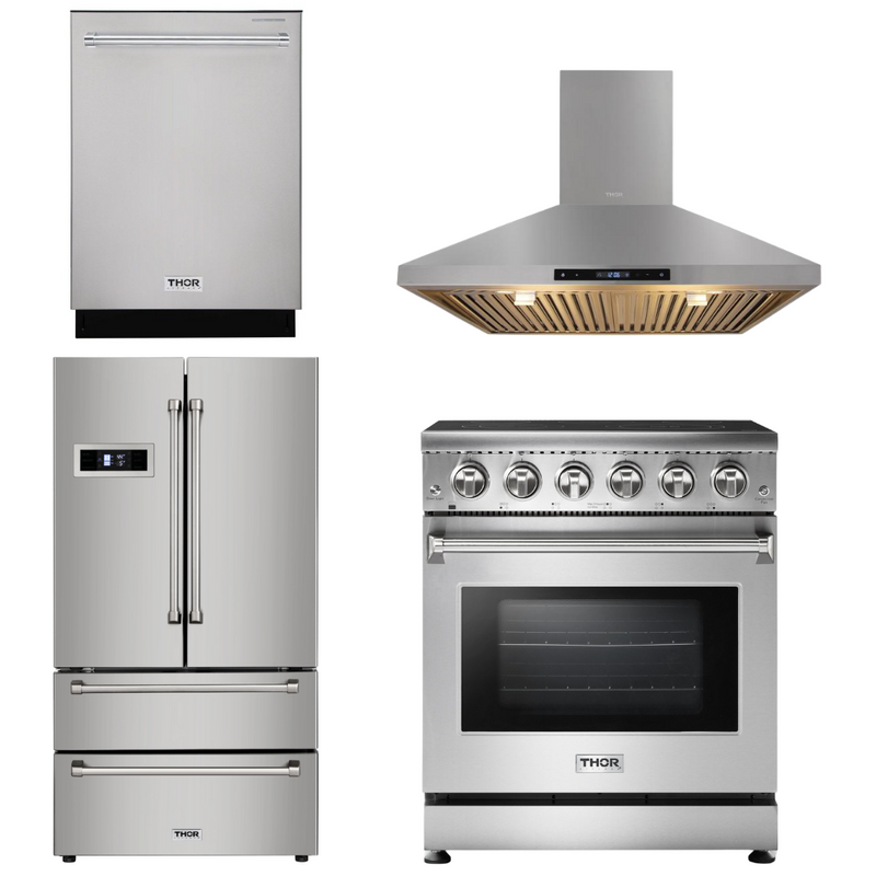 Thor Kitchen Package - Professional 30 inch Electric Range, Range Hood, Counter-Depth Refrigerator, Dishwasher, AP-HRE3001-3