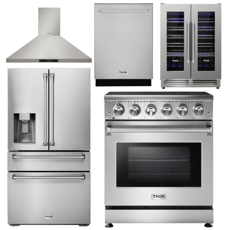 Thor Kitchen Appliance Package - 30 In. Electric Range, Range Hood, Counter-Depth Refrigerator with Water and Ice Dispenser, Dishwasher, Wine Cooler, AP-HRE3001-11