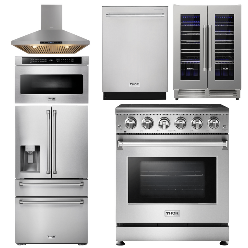 Thor Kitchen Package - 30 In. Electric Range, Range Hood, Microwave Drawer, Refrigerator, Dishwasher, Wine Cooler, AP-HRE3001-14