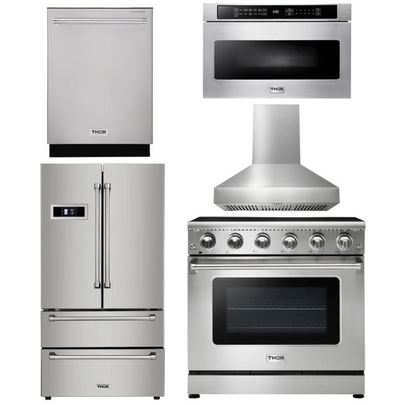Thor Kitchen Appliance Package - 36 In. Electric Range, Range Hood, Microwave Drawer, Refrigerator, Dishwasher, AP-HRE3601-W-5