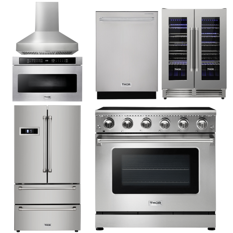 Thor Kitchen Appliance Package - 36 In. Electric Range, Range Hood, Microwave Drawer, Refrigerator, Dishwasher, Wine Cooler, AP-HRE3601-W-6