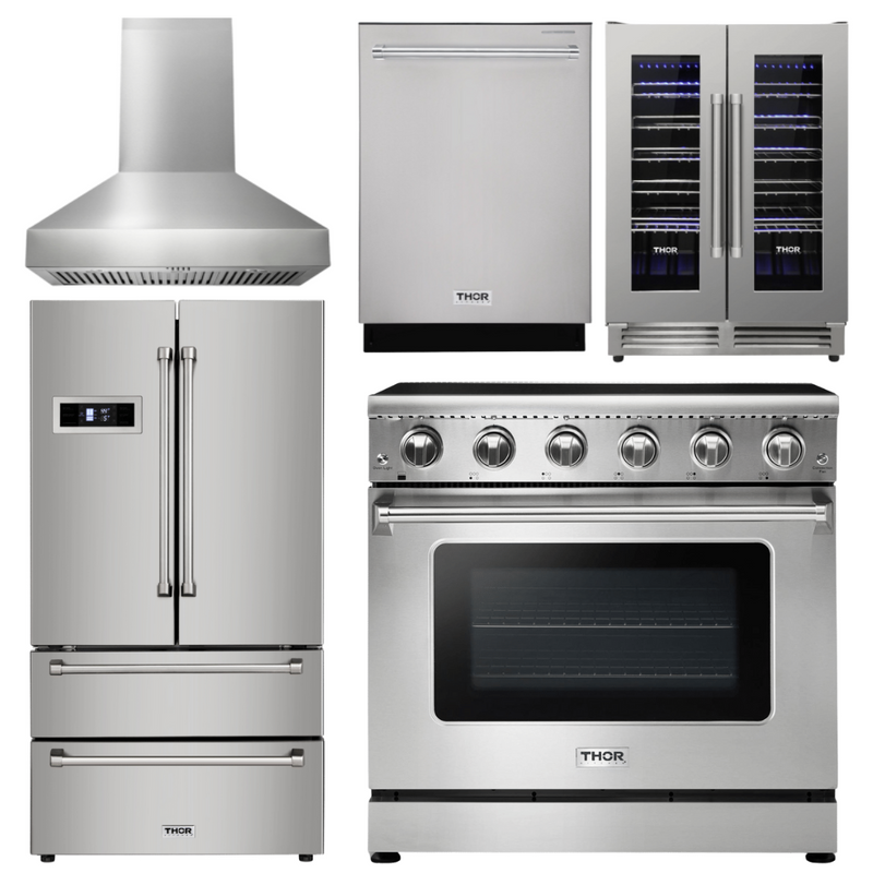 Thor Appliance Package - 36 In. Electric Range, Range Hood, Refrigerator, Dishwasher, Wine Cooler, AP-HRE3601-W-3