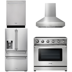 Thor Kitchen Appliance Package - 36 In. Electric Range, Range Hood, Refrigerator with Water and Ice Dispenser, Dishwasher, AP-HRE3601-W-7