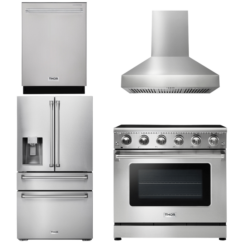 Thor Kitchen Appliance Package - 36 In. Electric Range, Range Hood, Refrigerator with Water and Ice Dispenser, Dishwasher, AP-HRE3601-W-7