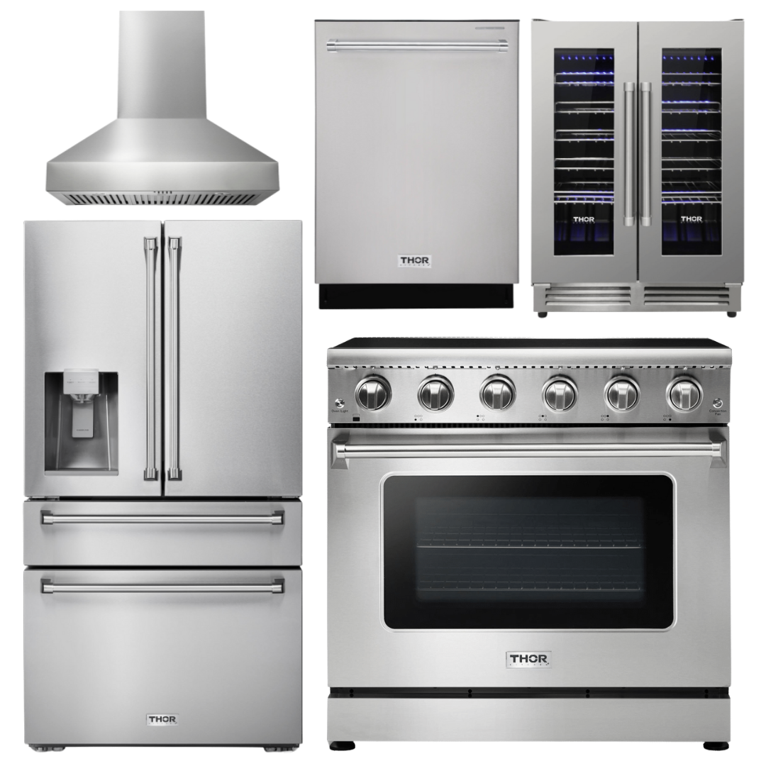 Thor Kitchen Appliance Package - 36 In. Electric Range, Range Hood, Refrigerator with Water and Ice Dispenser, Dishwasher, Wine Cooler, AP-HRE3601-W-8