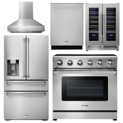Thor Kitchen Appliance Package - 36 In. Electric Range, Range Hood, Refrigerator with Water and Ice Dispenser, Dishwasher, Wine Cooler, AP-HRE3601-W-8