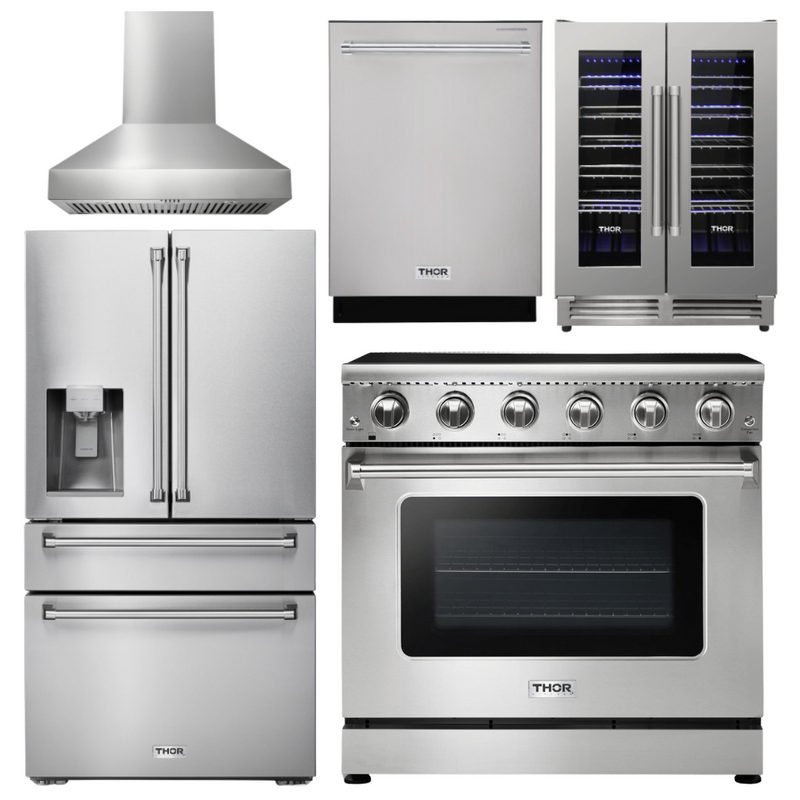 Thor Kitchen Appliance Package - 36 In. Electric Range, Range Hood, Refrigerator with Water and Ice Dispenser, Dishwasher, Wine Cooler, AP-HRE3601-W-8