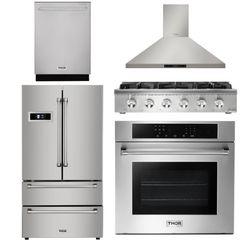 Thor Kitchen Appliance Package - 36 In. Gas Rangetop, Range Hood, Wall Oven, Refrigerator, Dishwasher, AP-HRT3618U-4