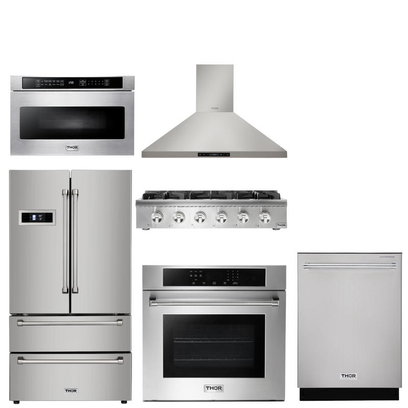 Thor Kitchen Appliance Package - 36 In. Gas Rangetop, Range Hood, Wall Oven, Refrigerator, Dishwasher, Microwave Drawer, AP-HRT3618U-5