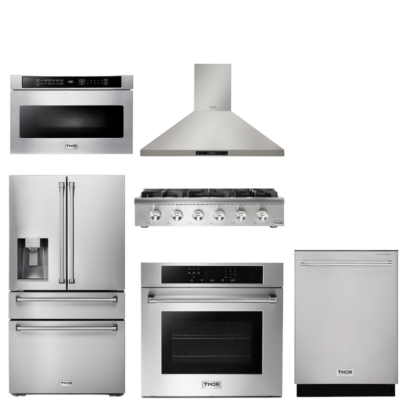 Thor Kitchen Appliance Package - 36 In. Gas Rangetop, Range Hood, Wall Oven, Refrigerator with Water and Ice Dispenser, Dishwasher, Microwave Drawer, AP-HRT3618U-7