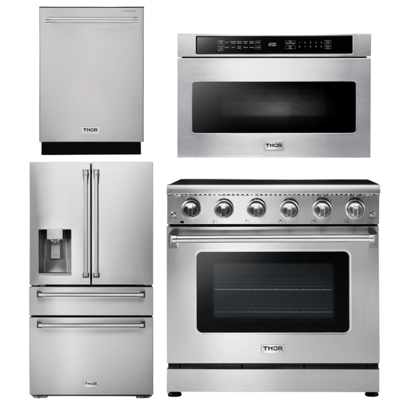 Thor Kitchen Appliance Package - 36 in. Electric Range, Microwave Drawer, Refrigerator with Water and Ice Dispenser, Dishwasher, AP-HRE3601-12