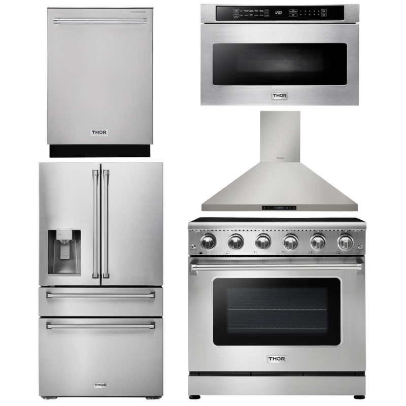 Thor Kitchen Appliance Package - 36 in. Electric Range, Range Hood, Microwave Drawer, Refrigerator with Water and Ice Dispenser, Dishwasher, AP-HRE3601-13