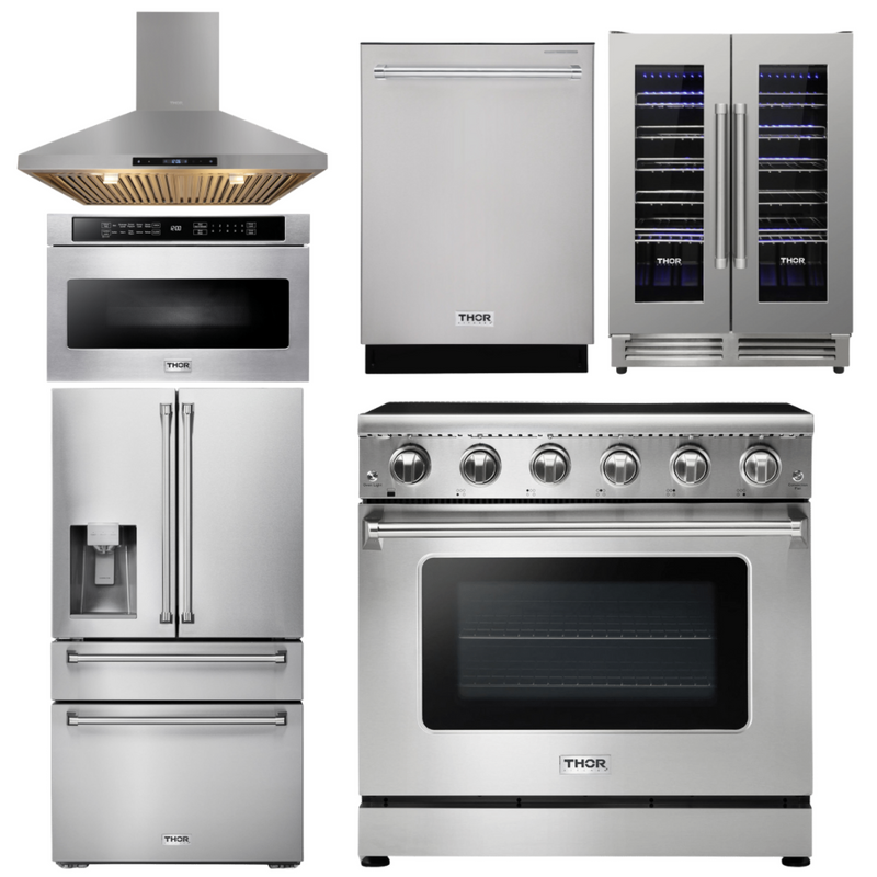 Thor Kitchen Package - 36 In. Electric Range, Range Hood, Microwave Drawer, Refrigerator with Water and Ice Dispenser, Dishwasher, Wine Cooler, AP-HRE3601-14