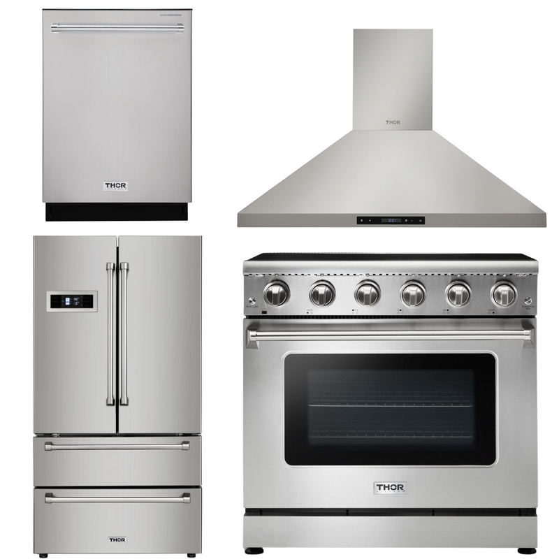 Thor Kitchen Appliance Bundle - 36 in. Electric Range, Range Hood, Refrigerator, Dishwasher, AB-HRE3601-3