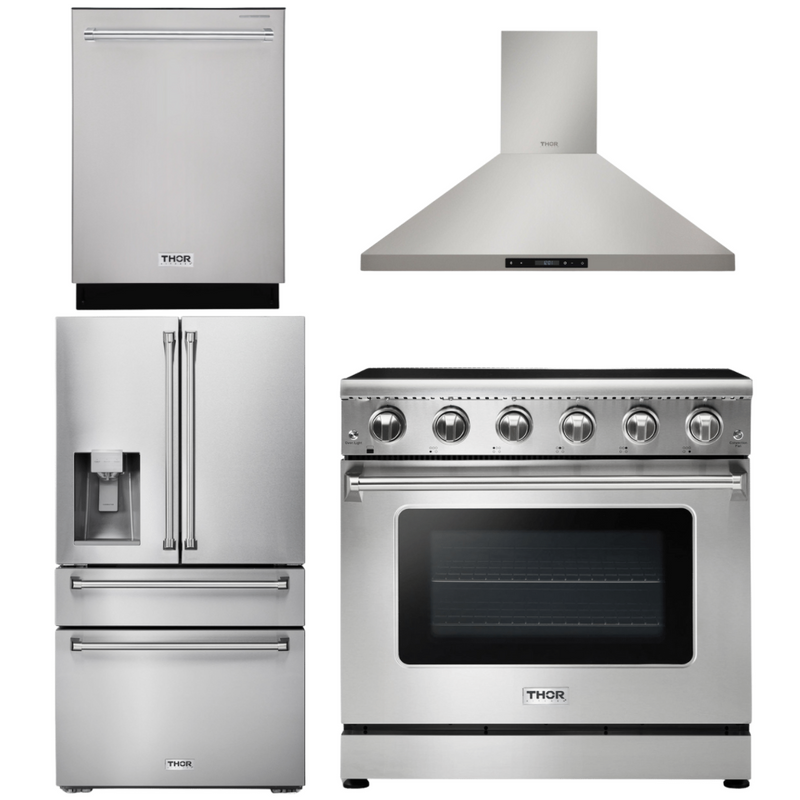 Thor Kitchen Appliance Package - 36 In. Electric Range, Range Hood, Refrigerator with Water and Ice Dispenser, Dishwasher, AP-HRE3601-10