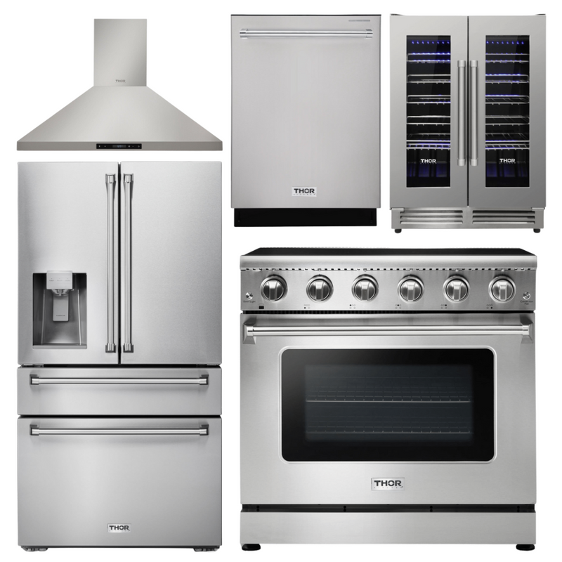 Thor Kitchen Appliance Package - 36 In. Electric Range, Range Hood, Refrigerator with Water and Ice Dispenser, Dishwasher, Wine Cooler, AP-HRE3601-11