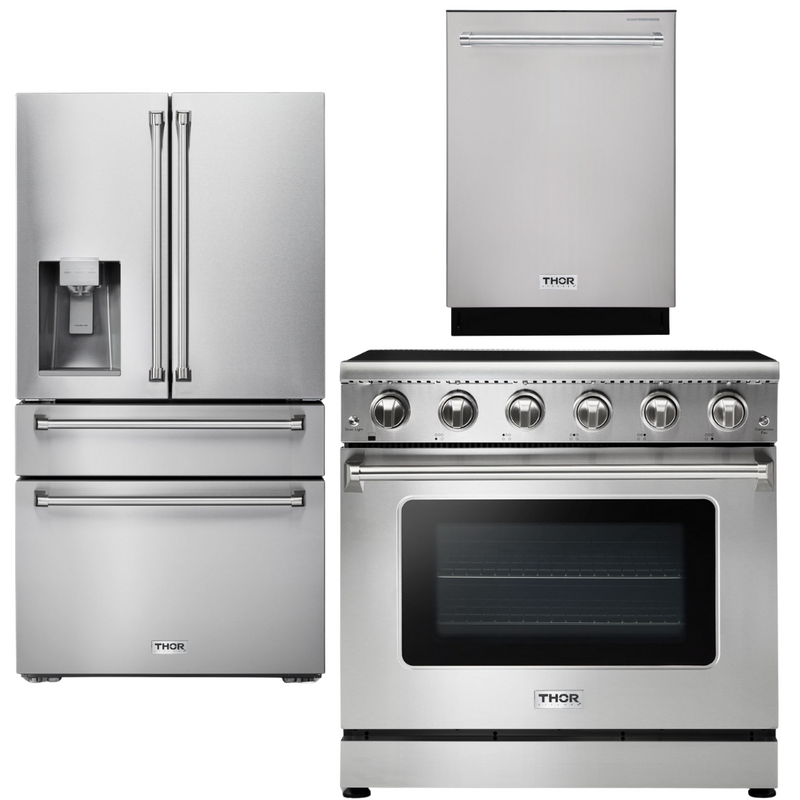 Thor Kitchen Appliance Package - 36 in. Electric Range, Refrigerator with Water and Ice Dispenser, Dishwasher, AP-HRE3601-9