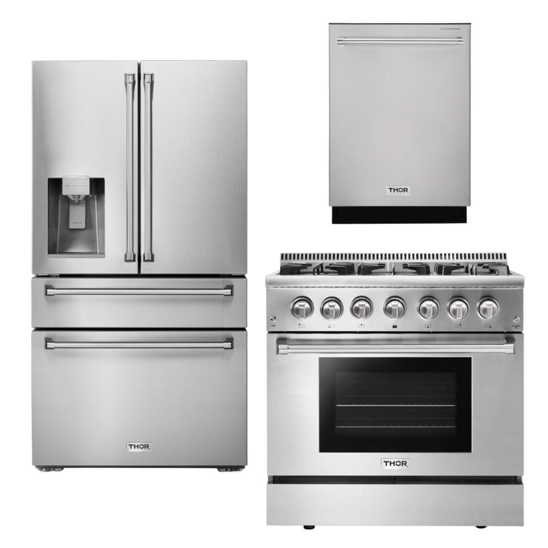 Thor Kitchen Appliance Package - 36 In. Gas Burner/Electric Oven Range, Dishwasher, Refrigerator with Water and Ice Dispenser, AP-HRD3606U-9