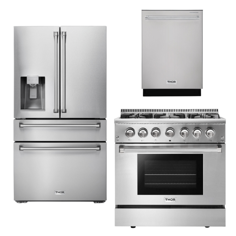 Thor Kitchen Appliance Package - 36 In. Gas Burner/Electric Oven Range, Dishwasher, Refrigerator with Water and Ice Dispenser, AP-HRD3606U-9