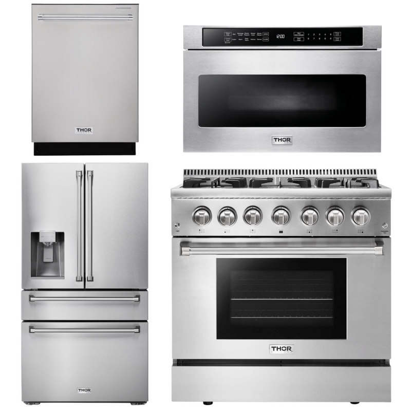 Thor Kitchen Appliance Package - 36 In. Gas Burner/Electric Oven Range, Microwave Drawer, Refrigerator with Water and Ice Dispenser, Dishwasher, AP-HRD3606U-12