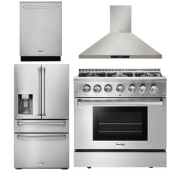 Thor Kitchen Appliance Package - 36 In. Gas Burner/Electric Oven Range, Range Hood, Dishwasher. Refrigerator with Water and Ice Dispenser, AP-HRD3606U-10