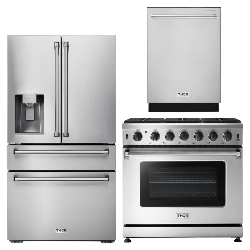 Thor Kitchen Appliance Package - 36 in. Gas Range, Refrigerator with Water and Ice Dispenser, Dishwasher, AP-LRG3601U-9