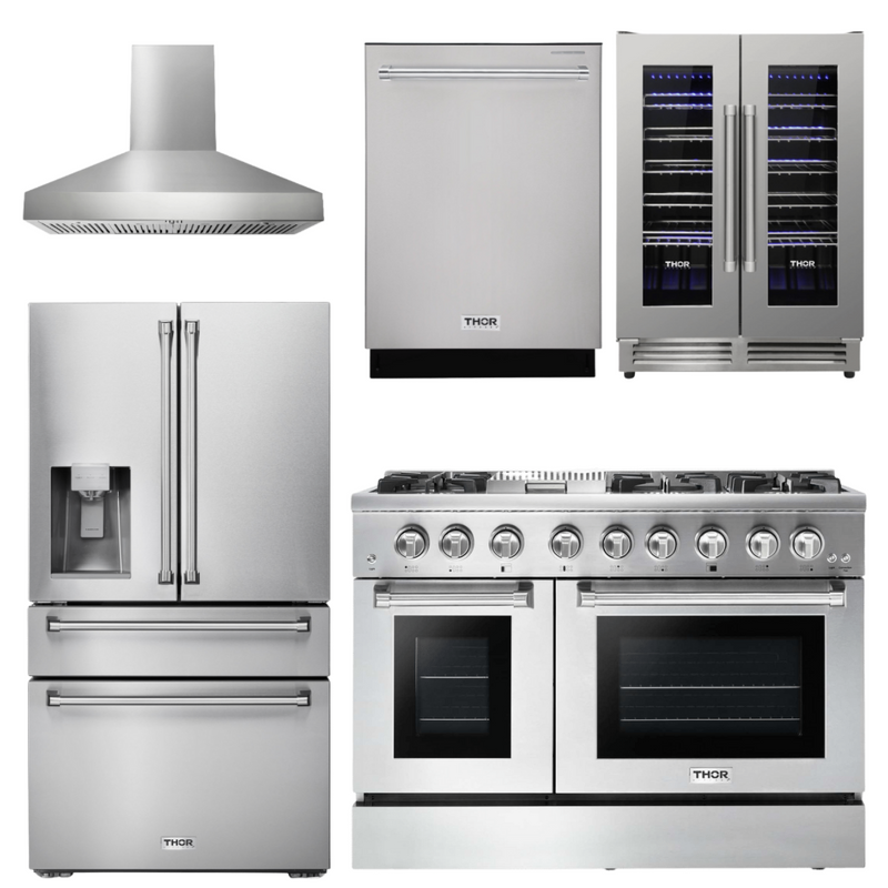 Thor Kitchen Appliance Package - 48 In. Dual Fuel Range, Range Hood, Refrigerator with Water and Ice Dispenser, Dishwasher, Wine Cooler, AP-HRD4803ULP-W-8