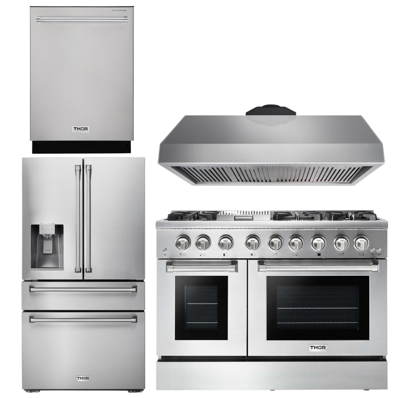 Thor Kitchen Package - 48 In. Gas Burner, Electric Oven Range, Range Hood, Refrigerator, Dishwasher, AP-HRD4803U-10