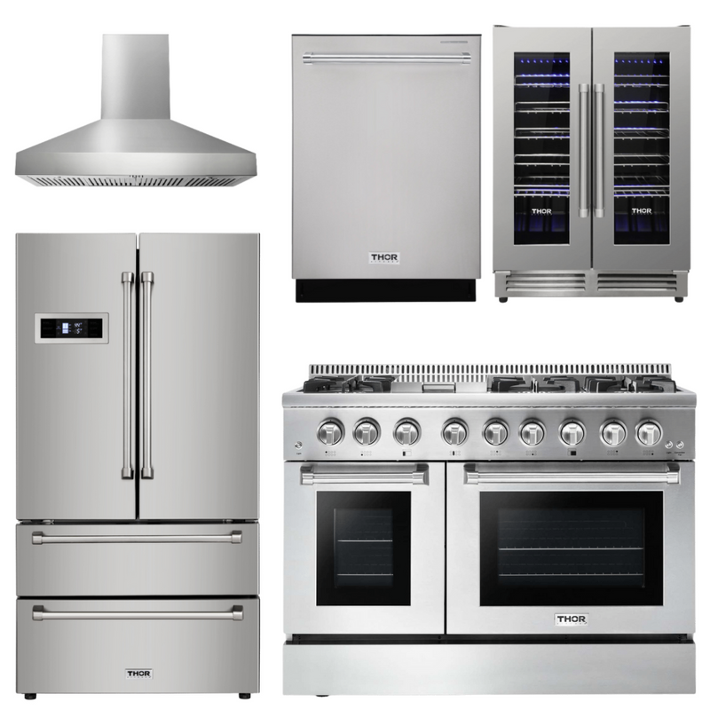 Thor Kitchen Appliance Package - 48 In. Dual Fuel Range, Range Hood, Refrigerator, Dishwasher, Wine Cooler, AP-HRD4803ULP-W-3