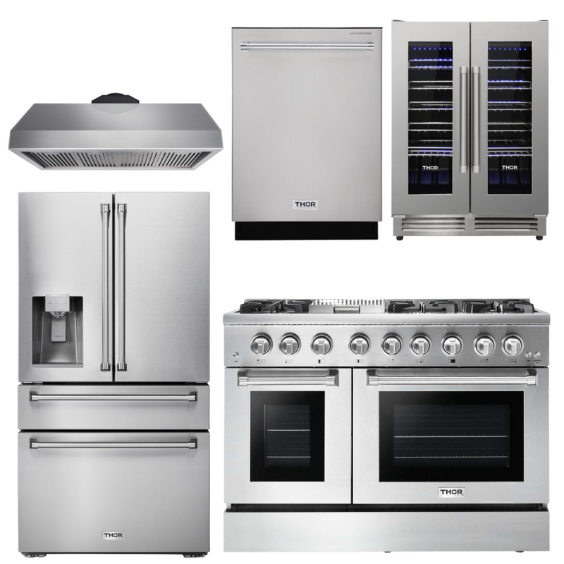 Thor Kitchen Appliance Package - 48 In. Dual Fuel Range, Range Hood, Refrigerator with Water and Ice Dispenser, Dishwasher, Wine Cooler, AP-HRD4803U-11