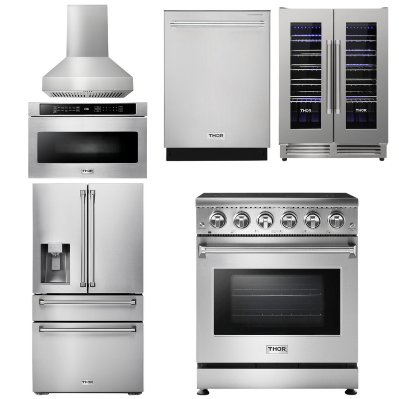 Thor Kitchen Package - 30 In. Electric Range, Range Hood, Microwave Drawer, Refrigerator, Dishwasher, Wine Cooler, AP-HRE3001-W-10