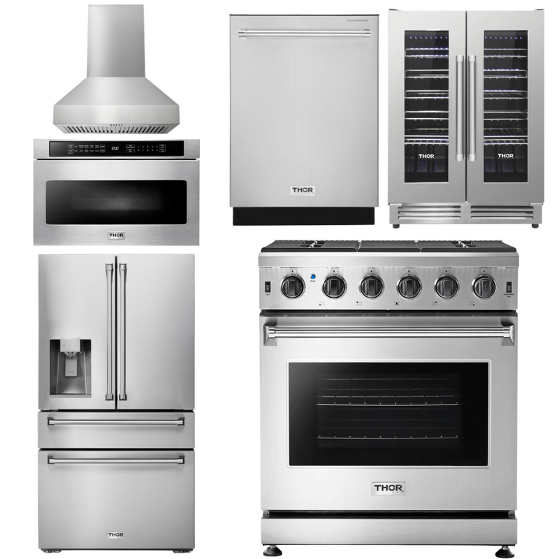 Thor Kitchen Package - 30 In. Gas Range, Range Hood, Microwave Drawer, Refrigerator with Water and Ice Dispenser, Dishwasher, Wine Cooler, AP-LRG3001U-W-10