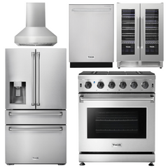 Thor Kitchen Package - 30 In. Propane Gas Range, Range Hood, Refrigerator with Water and Ice Dispenser, Dishwasher, Wine Cooler, AP-LRG3001ULP-W-8