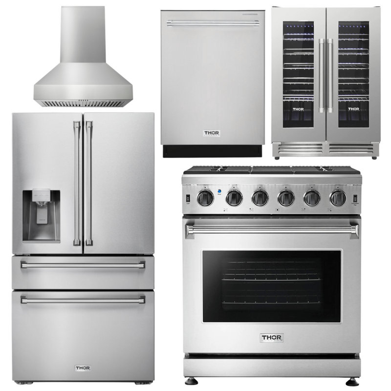 Thor Kitchen Package - 30 In. Gas Range, Range Hood, Refrigerator with Water and Ice Dispenser, Dishwasher, Wine Cooler, AP-LRG3001U-W-8